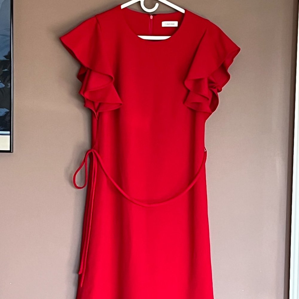 Calvin Klein Red Ruffle Sleeves Size 8 - Women